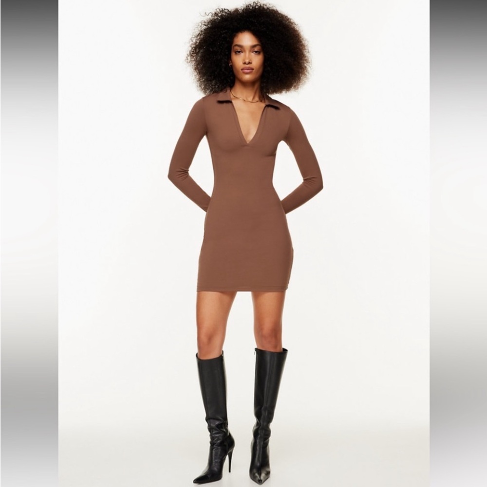 Babaton Brown Long-Sleeve Polo V-Neck Bodycon Dress